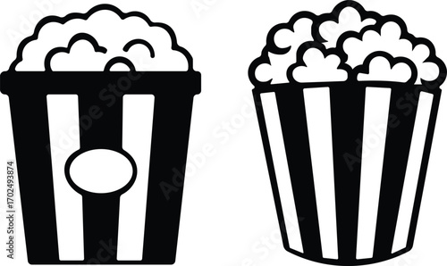 Art & IllustrationPopcorn icon set.Minimalist black and outline vector icon set of a popcorn bucket, symbolizing cinema, movie, and entertainment in a clean and simple design.