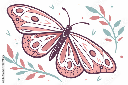 Vector art of a pink butterfly with detailed wing patterns, , surrounded by stylized floral elements, creating a whimsical and artistic composition