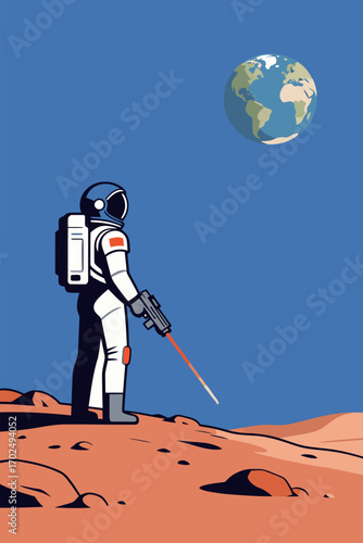 A stylized astronaut on a red-rocked planet, possibly Mars, holding a futuristic laser rifle, with the Earth visible in the distance against a blue sky.