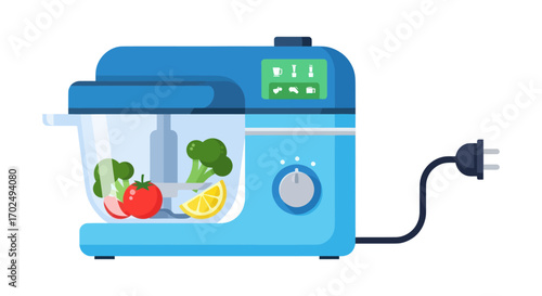 Blue Electric Food Processor with Vegetables.