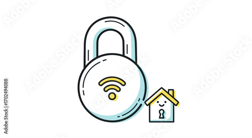 Secure Home Network: Padlock with WiFi Symbol and House Icon.