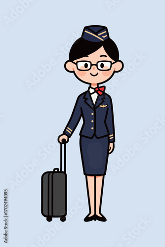 A cute and friendly cartoon flight attendant in a blue uniform, wearing glasses and a red bow tie, standing with a rolling suitcase.