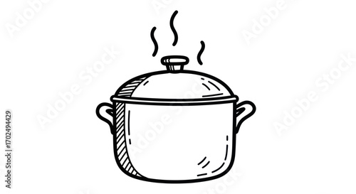 Hand-drawn Illustration of a Covered Cooking Pot with Steam.