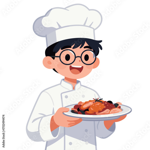 A delightful illustration of a happy cartoon male chef in a traditional white uniform and hat, proudly presenting a plate of delicious-looking food.