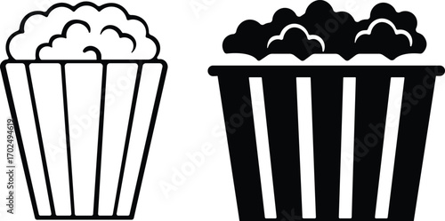 Art & IllustrationPopcorn icon set.Minimalist black and outline vector icon set of a popcorn bucket, symbolizing cinema, movie, and entertainment in a clean and simple design.