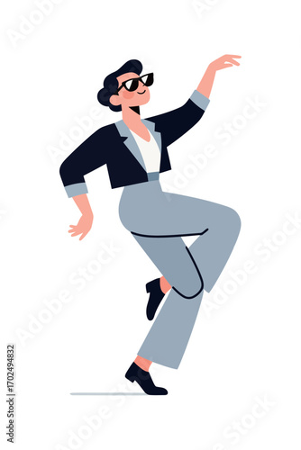 A vibrant and energetic cartoon illustration of a man with sunglasses and a trendy outfit, caught in a lively dance pose with a cheerful smile.