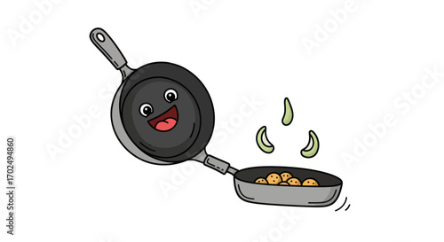 Happy Cartoon Frying Pan Cooking Garlic and Potatoes.