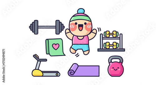 Kawaii cartoon fitness and exercise equipment with happy character.