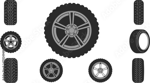 various car tires displayed in an organized layout