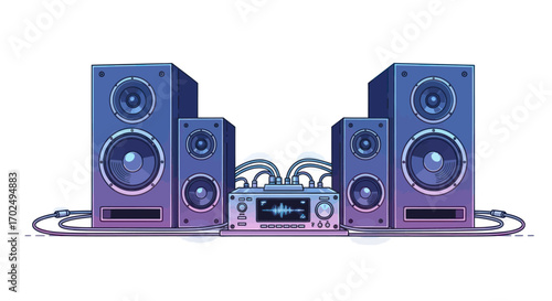 A surround sound speaker system with amplifier and cables.