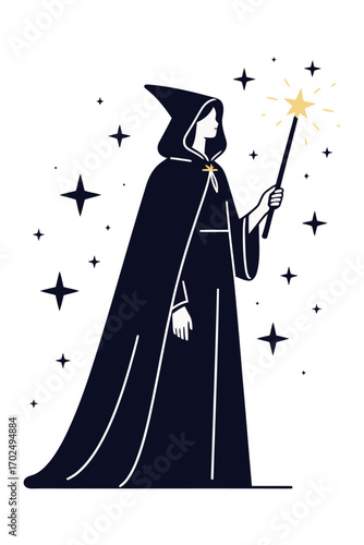 A striking line art illustration of a powerful female wizard or sorceress in a dark cloak, holding a glowing magic wand surrounded by stars.