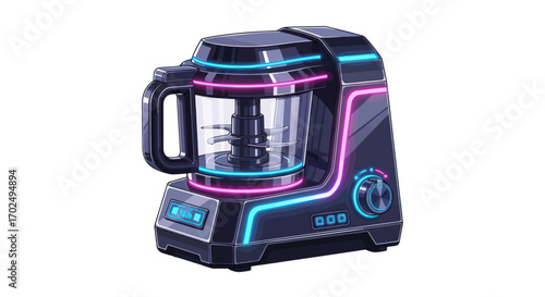 Futuristic black food processor with glowing pink and blue neon lights.