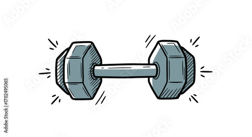 Hand-drawn illustration of a single gray dumbbell with radiating lines.