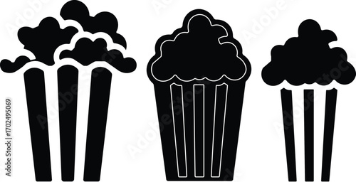 Art & IllustrationPopcorn icon set.Minimalist black and outline vector icon set of a popcorn bucket, symbolizing cinema, movie, and entertainment in a clean and simple design.