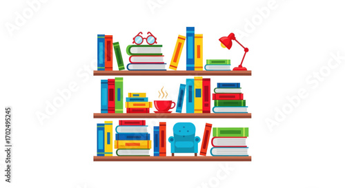 Colorful cartoon bookshelf with stacks of books a red lamp glasses and a coffee cup.