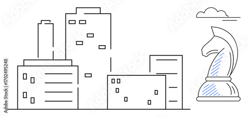 City buildings aligned with chess knight piece, representing strategic thinking, urban growth, business planning, decision-making, innovation, corporate operations, and leadership. Ideal
