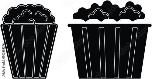 Art & IllustrationPopcorn icon set.Minimalist black and outline vector icon set of a popcorn bucket, symbolizing cinema, movie, and entertainment in a clean and simple design.