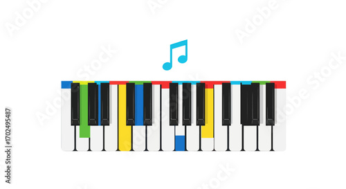 Colorful Piano Keys with Musical Note Illustration.