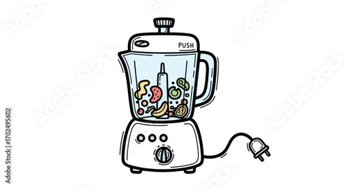 Cartoon Blender with Fruit and Vegetables Ready for Blending.