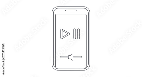 Simple line art icon of a smartphone with play pause and volume controls on screen.