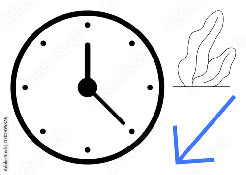 Black circular clock with simple hands and dots, abstract plant, and blue arrow pointing downward. Ideal for time, direction, focus, productivity, organization, minimalism simple landing page