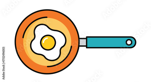 Fried Egg in Orange Pan with Blue Handle Simple Illustration.