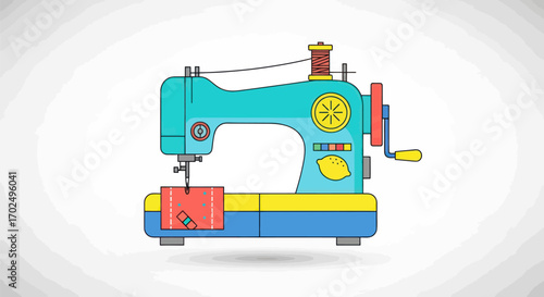 Colorful vector illustration of a vintage hand-crank sewing machine with red fabric.