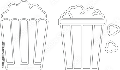Art & IllustrationPopcorn icon set.Minimalist black and outline vector icon set of a popcorn bucket, symbolizing cinema, movie, and entertainment in a clean and simple design.