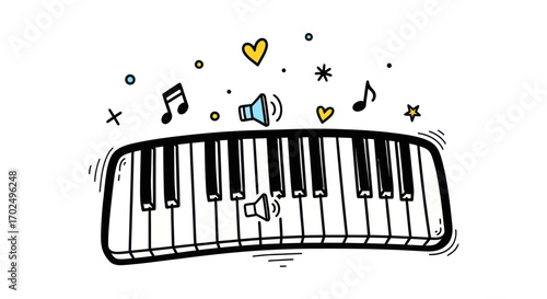 Hand-drawn piano keyboard doodle with musical notes.