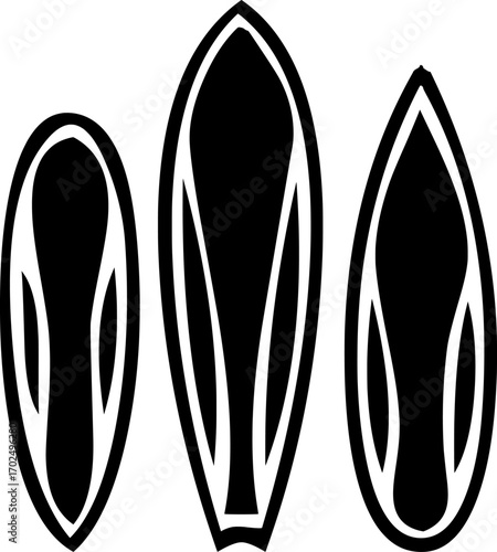 Stylized surfboard shapes vector outline design for surfing and summer beach themes.