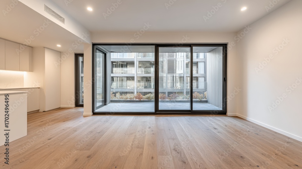 Fototapeta premium Modern Apartment Interior with Hardwood Flooring and Large Sliding Glass Doors Leading to Balcony View