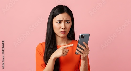 Young Asian Woman Looking Shocked at Smartphone Screen.