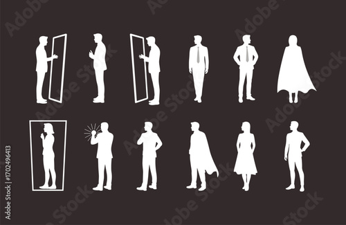 Business leader superhero concept with mirror reflection, confidence, empowerment, self-identity, motivation, transformation, strength, success, resilience, vision, growth