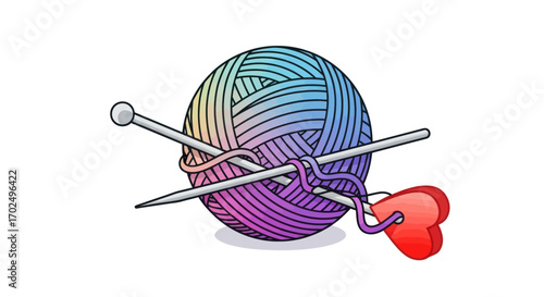 Multicolored Yarn Ball with Knitting Needles and Red Heart.