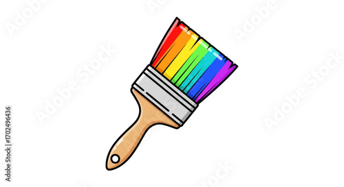 Colorful Paintbrush with Rainbow Bristles and Wooden Handle.
