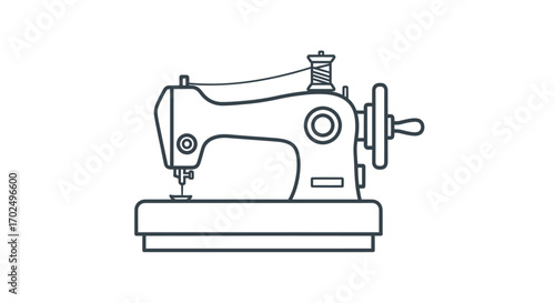 Simple black line art illustration of a vintage sewing machine with a thread spool.