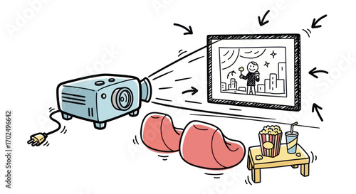 Cartoon Home Movie Projector Setup with Beanbag Chairs.