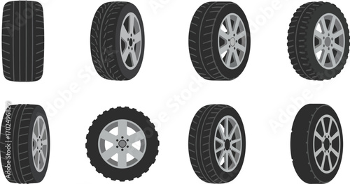 eight car tires arranged neatly in two rows