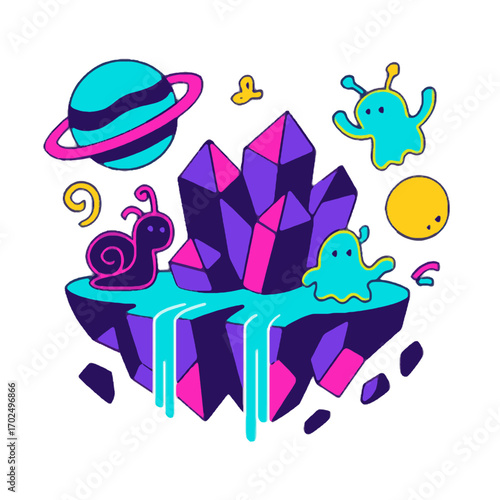 Surreal Fantastic Frontiers Vector Island with Neon Crystals and Cartoon Planets