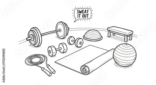 Collection of Hand-Drawn Fitness Equipment for a Home Gym Workout.