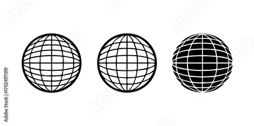 Globe grid spheres. Striped 3D spheres, geometry globe grid, earth latitude and longitude line grid vector symbols set. Spherical grid globe shapes .
Wireframe sphere set isolated.  Striped 3D balls, 