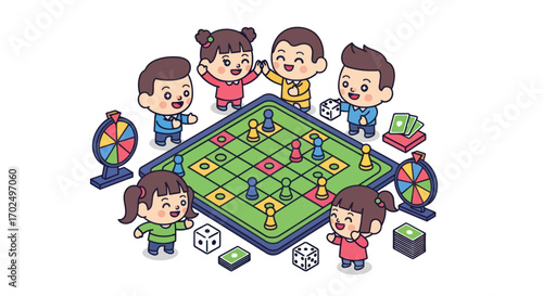 Diverse group of happy cartoon children playing a board game together.