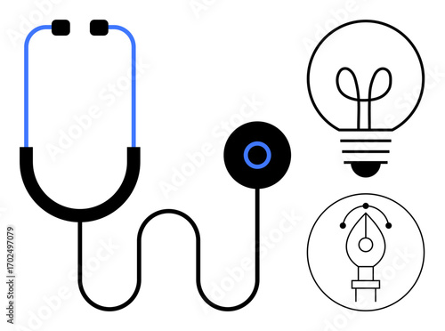 Stethoscope representing healthcare, lightbulb symbolizing innovation, and pen nib denoting creativity. Ideal for health, ideas, design, diagnosis, brainstorming learning development. Flat simple