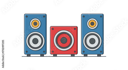 A colorful 21 channel audio speaker system with a red subwoofer and two blue satellite speakers.