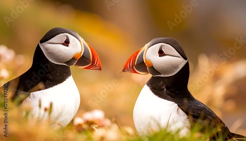 Two puffins face to face in a grassy area