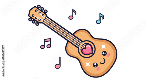 Adorable Kawaii Acoustic Guitar with Musical Notes and Heart.