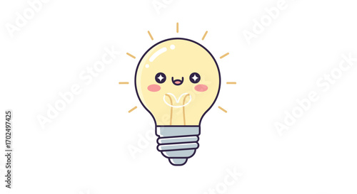 Cute Cartoon Light Bulb with Happy Face Glowing.