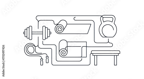 A stylized line art illustration of various fitness equipment arranged in a connected pattern.