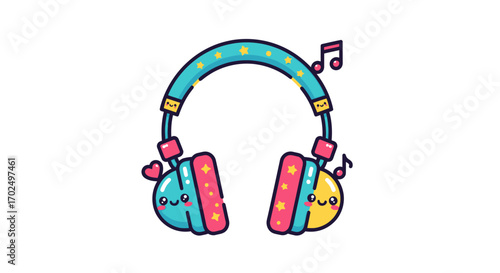 Cute kawaii cartoon headphones with smiling faces musical notes and a sparkly turquoise headband.