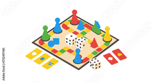 Colorful Isometric Board Game with Pawns Dice and Cards.